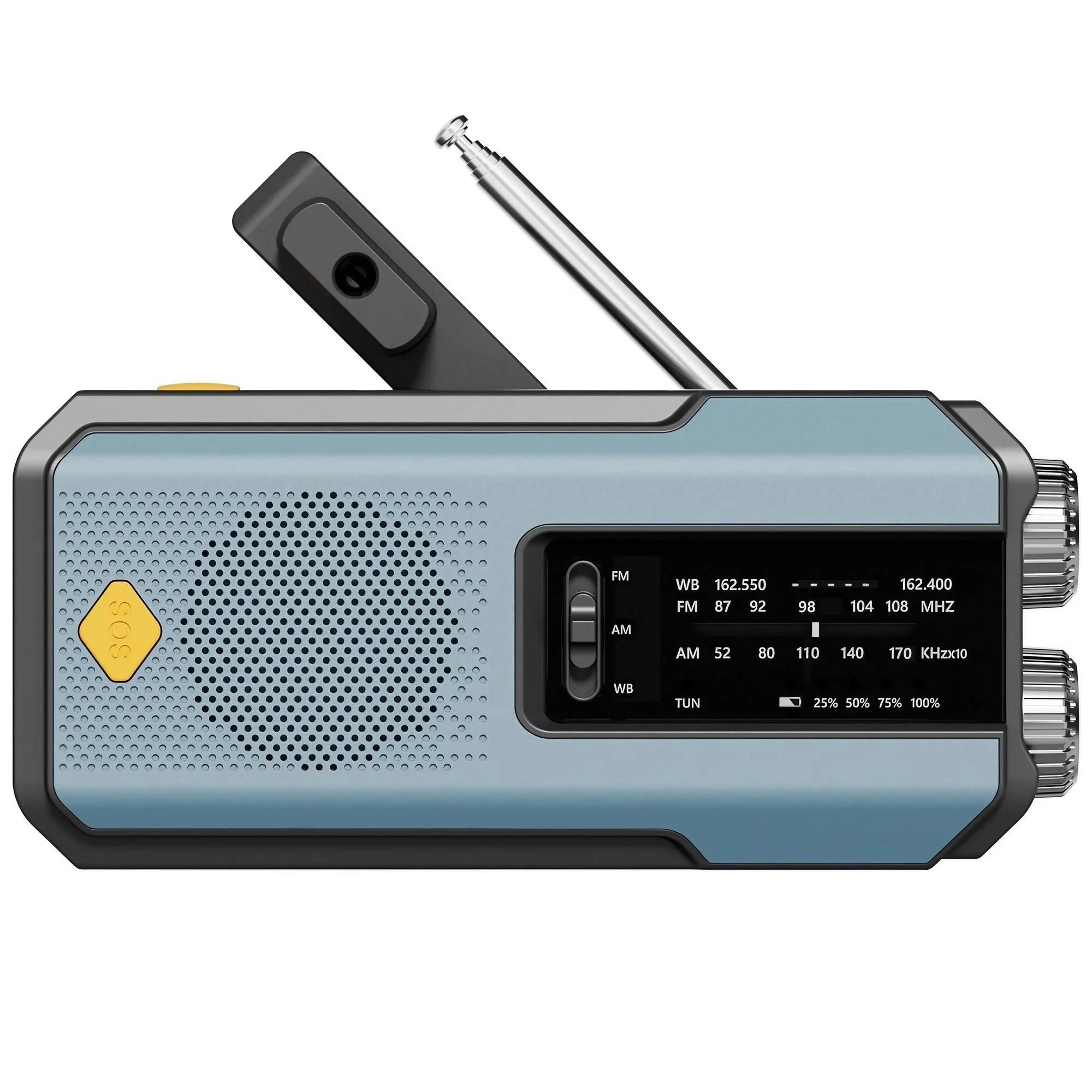 Solar radio, USB, power bank, and LED flashlight. 