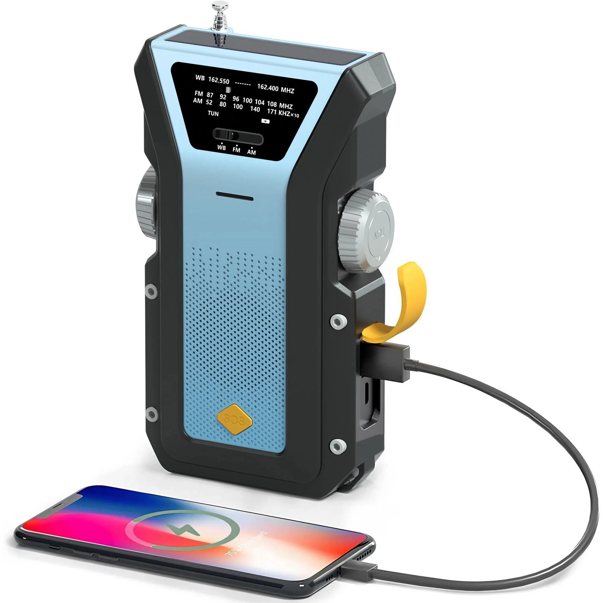 Solar radio, USB, power bank, and LED flashlight. 