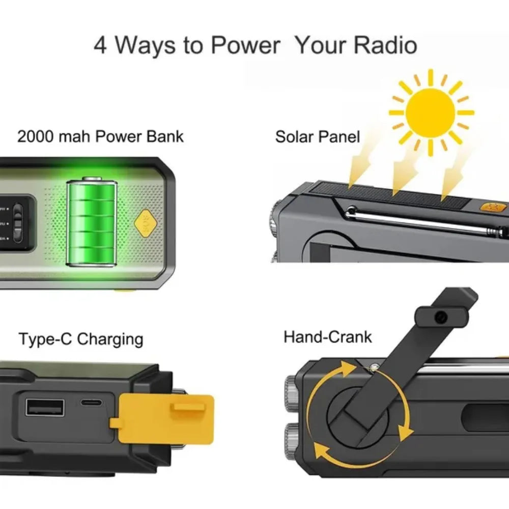 Solar radio, USB, power bank, and LED flashlight. 
