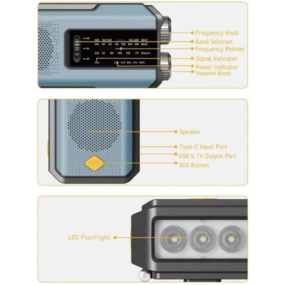 Solar radio, USB, power bank, and LED flashlight. 